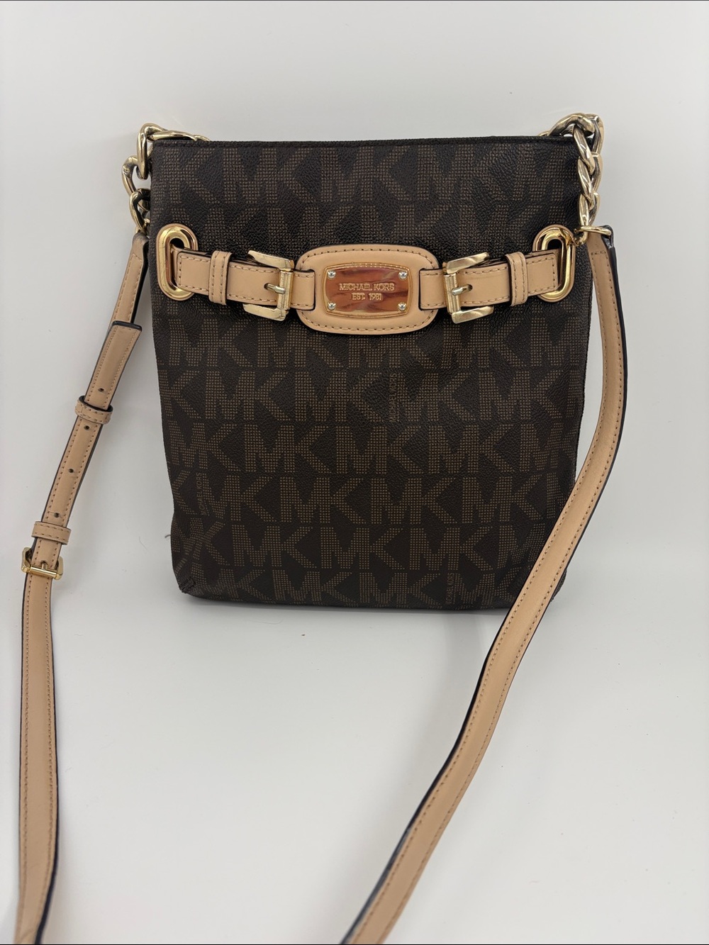 Michael Kors Brown Signature MK Crossbody with Beige Trim and Gold Hardware